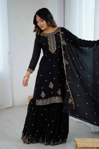 Shiny Black Zari Embroidery Work Sharara Set