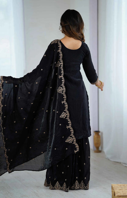 Shiny Black Zari Embroidery Work Sharara Set