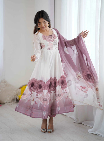 Onion Pink Floral Print Organza Gown