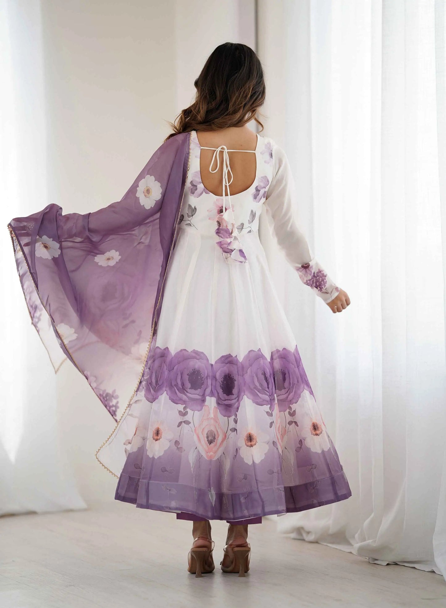 Dusky Purple Floral Print Organza Gown