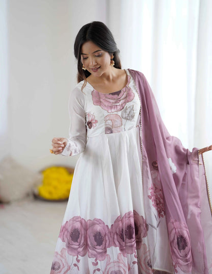 Onion Pink Floral Print Organza Gown