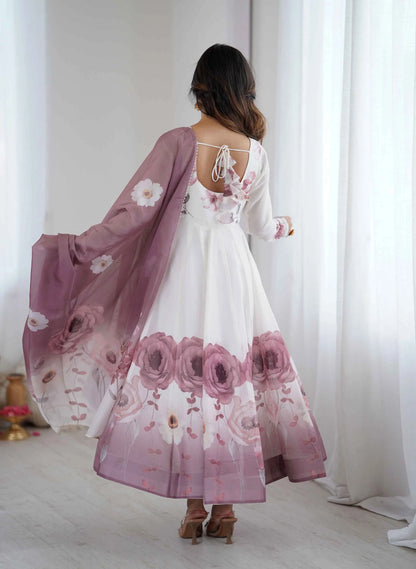 Onion Pink Floral Print Organza Gown