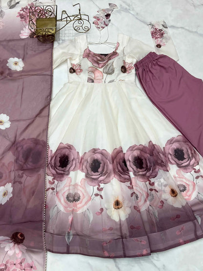 Onion Pink Floral Print Organza Gown