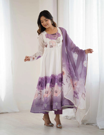 Dusky Purple Floral Print Organza Gown