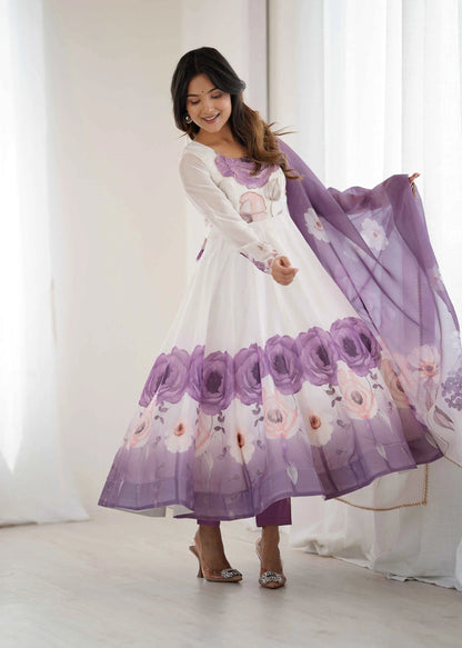 Dusky Purple Floral Print Organza Gown