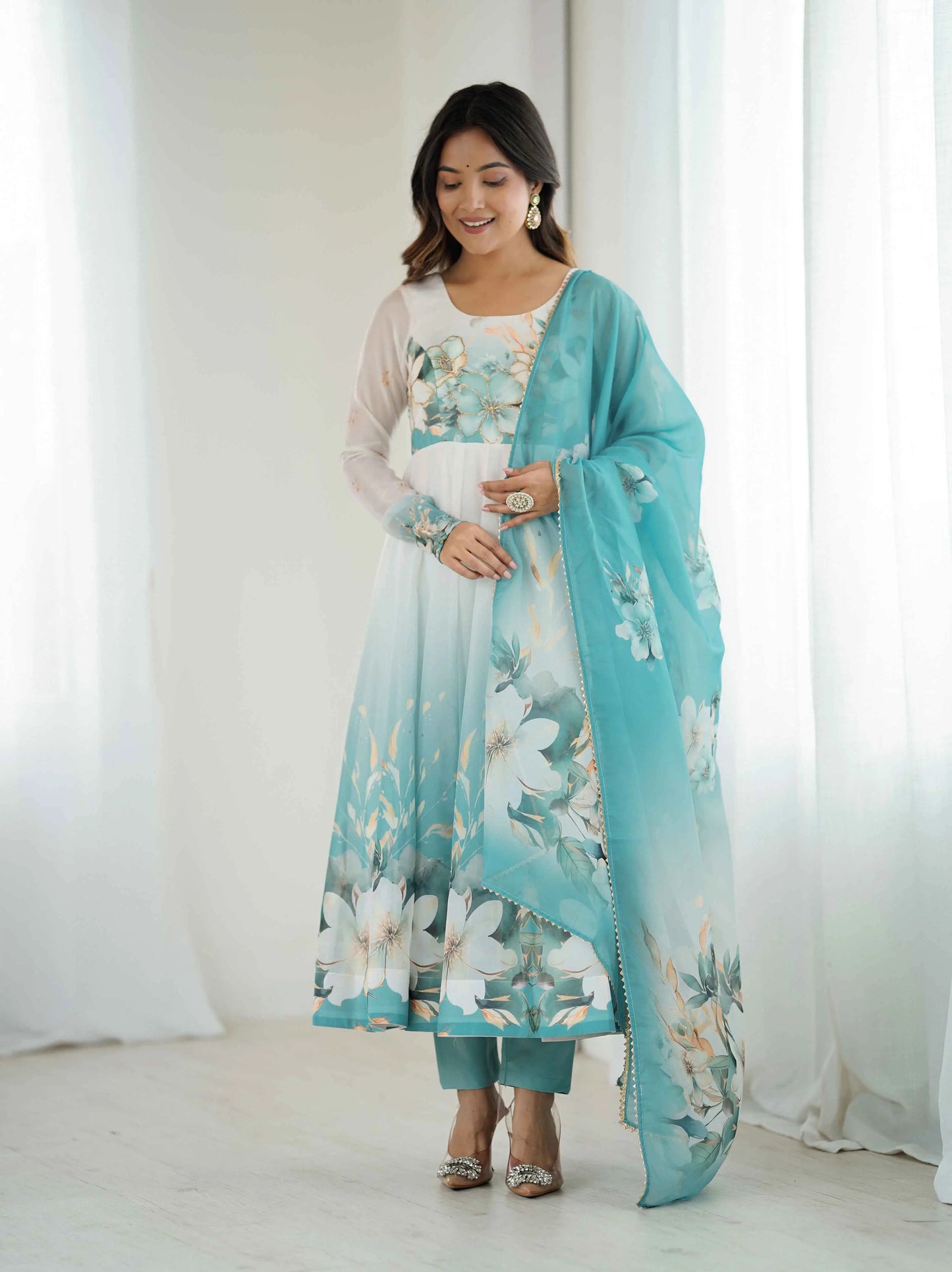 Sky Blue Floral Print Organza Gown