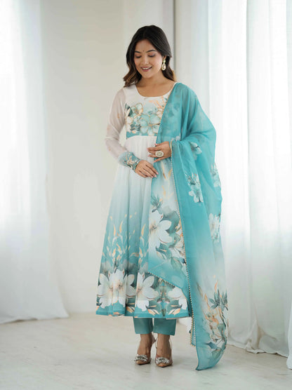 Sky Blue Floral Print Organza Gown