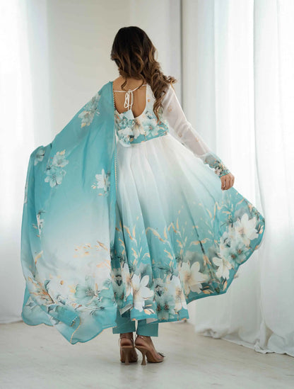 Sky Blue Floral Print Organza Gown