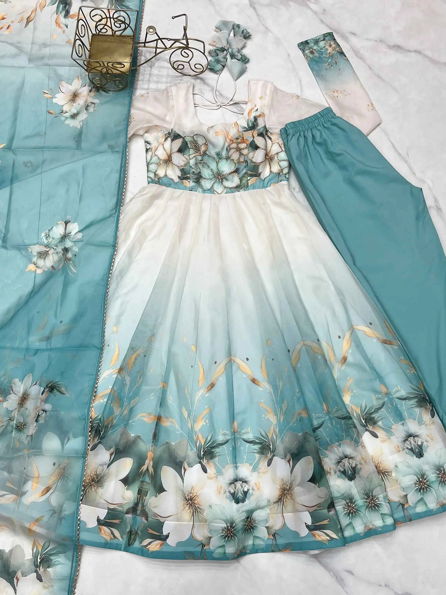 Sky Blue Floral Print Organza Gown