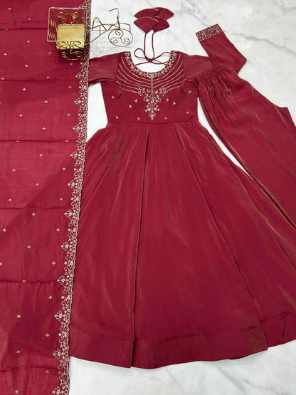Dusty Red Silk Gown With Beads Hand Work
