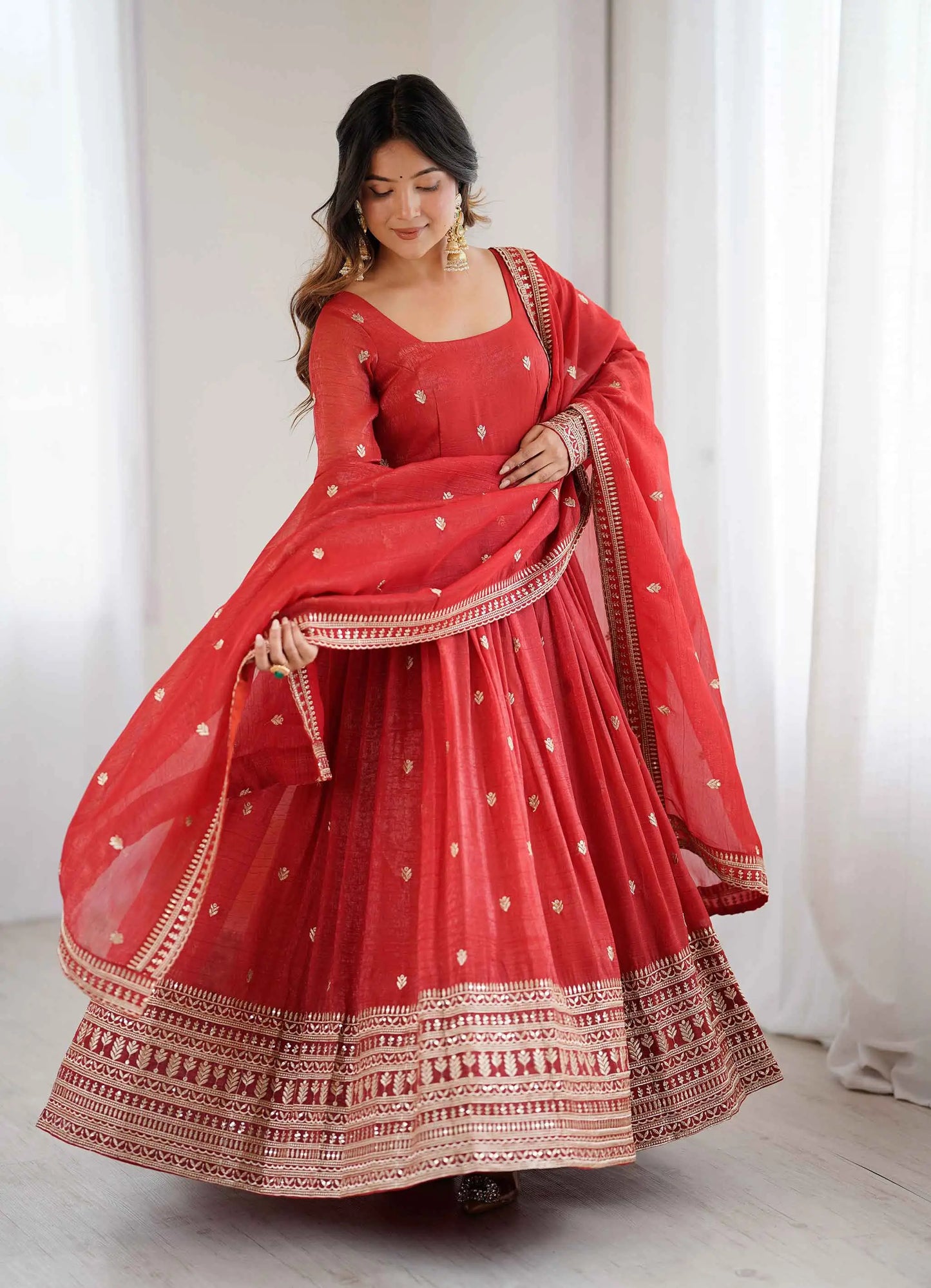 Rust Orange Gown With Sequins Embroidery Work