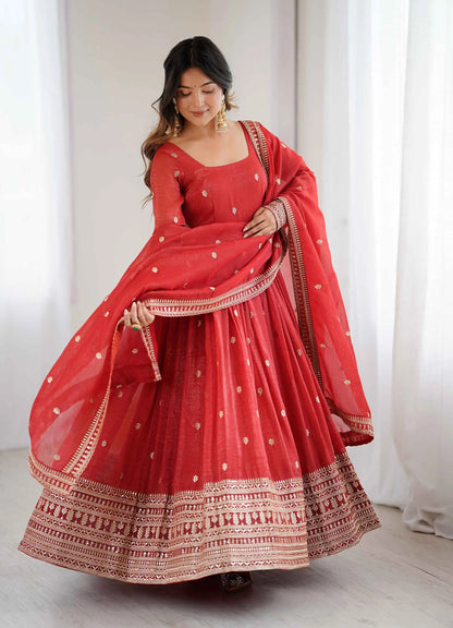 Rust Orange Gown With Sequins Embroidery Work