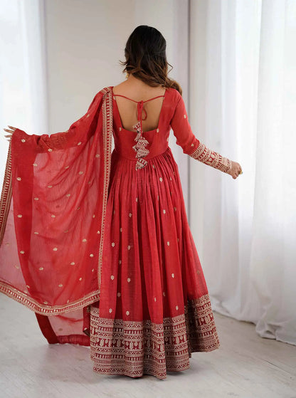 Rust Orange Gown With Sequins Embroidery Work