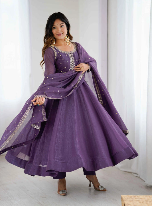 Plum Purple Crunchy Silk Embroidery Gown