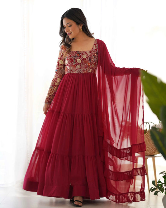 Designer Maroon Georgette Embroidery Gown