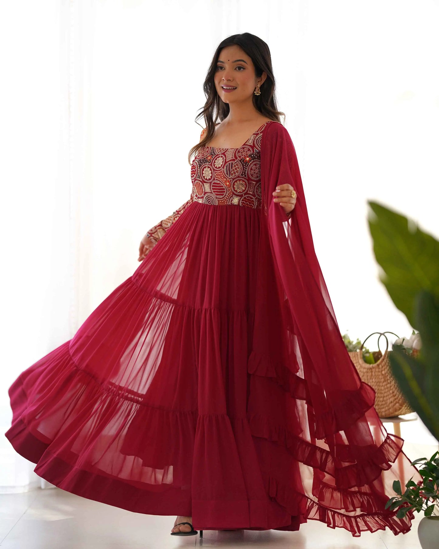Designer Maroon Georgette Embroidery Gown