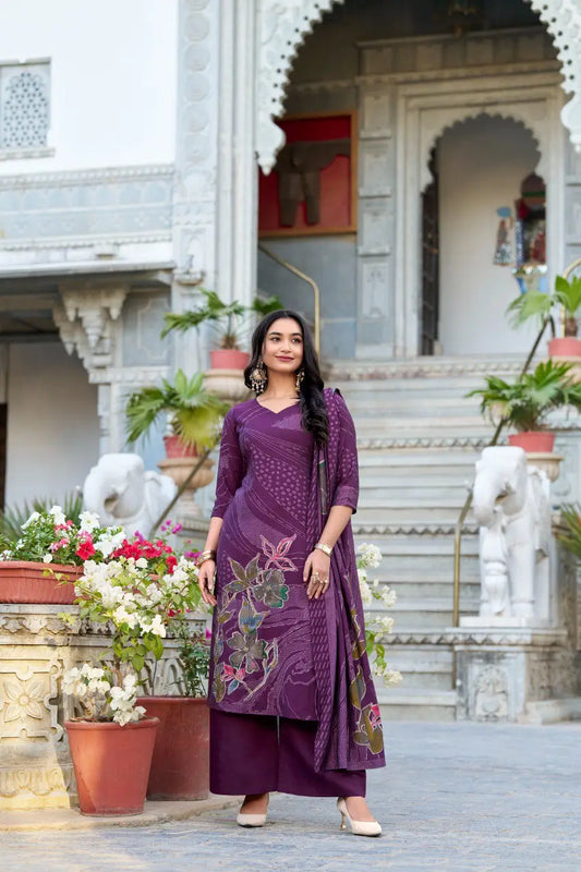 Vibrant Wine Floral Print With Beets Handwork Salwar Suit With Dupatta