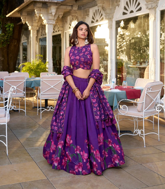 Purple Tussar Silk Floral Printed Lehenga Choli