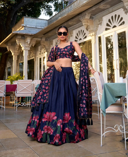 Navy Blue Tussar Silk Floral Printed Lehenga Choli