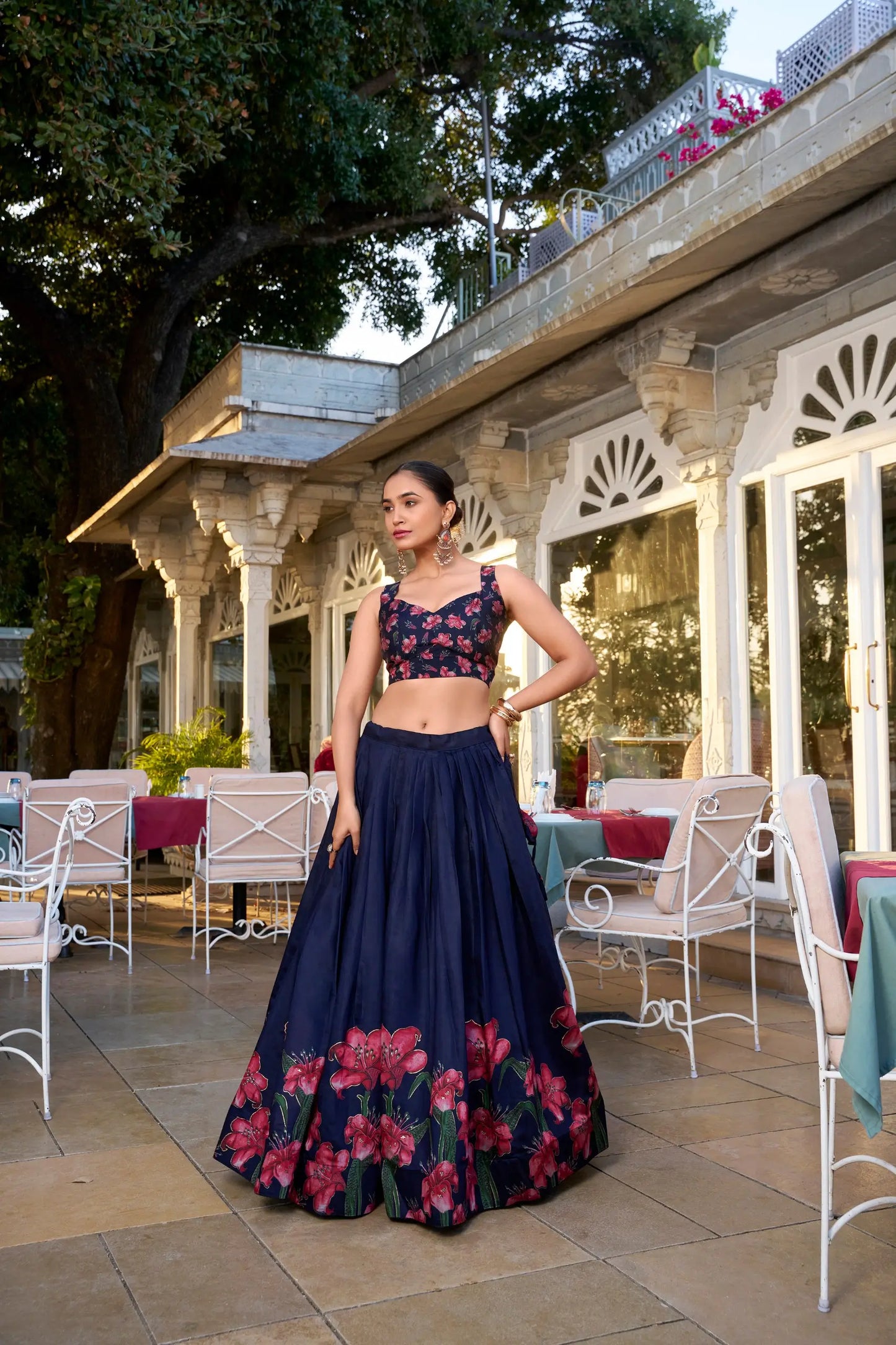 Navy Blue Tussar Silk Floral Printed Lehenga Choli