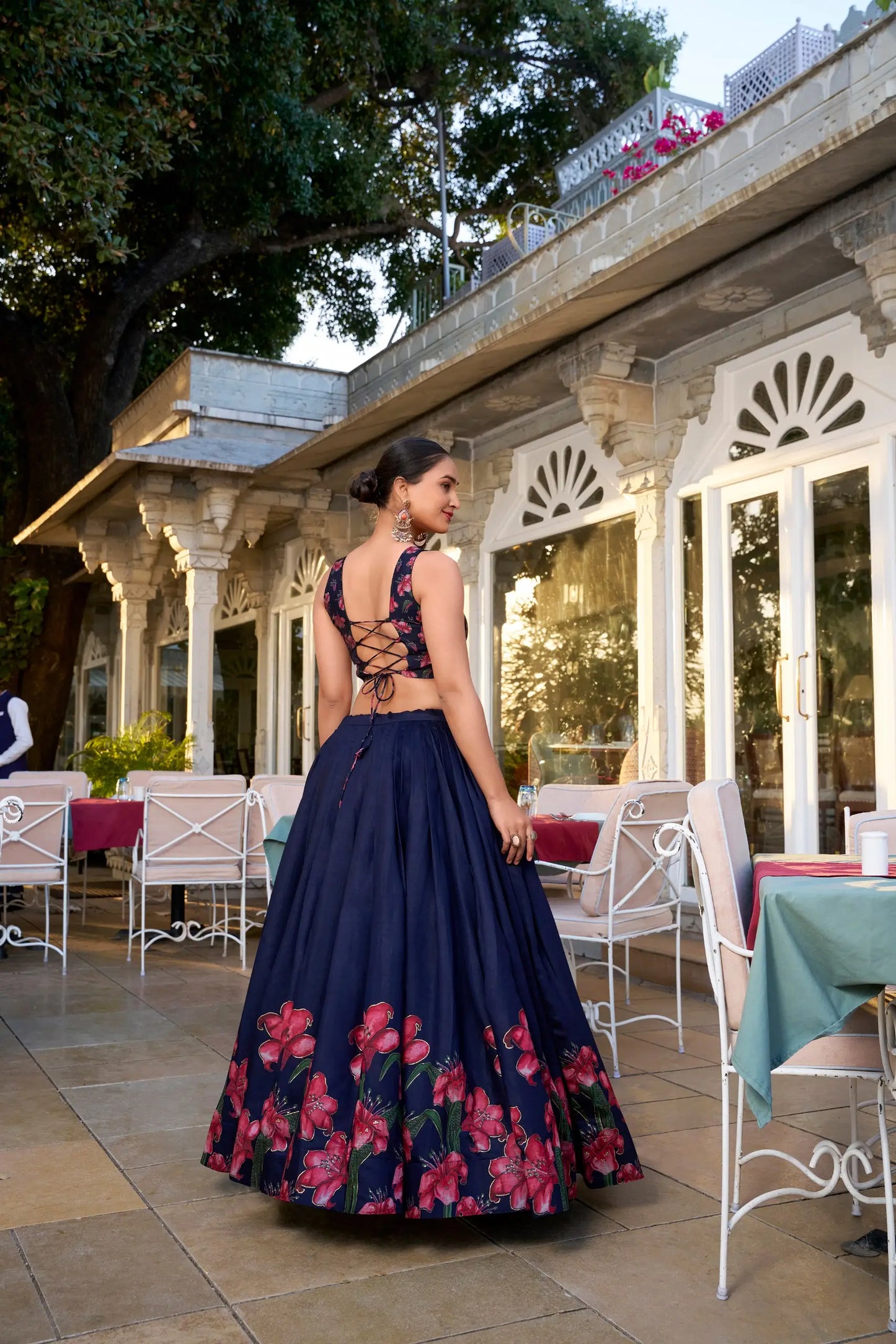 Navy Blue Tussar Silk Floral Printed Lehenga Choli