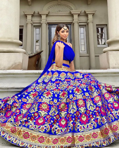 Royal Blue Banarasi Silk Crop top Lehenga Choli