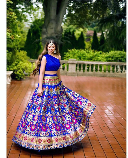 Royal Blue Banarasi Silk Crop top Lehenga Choli