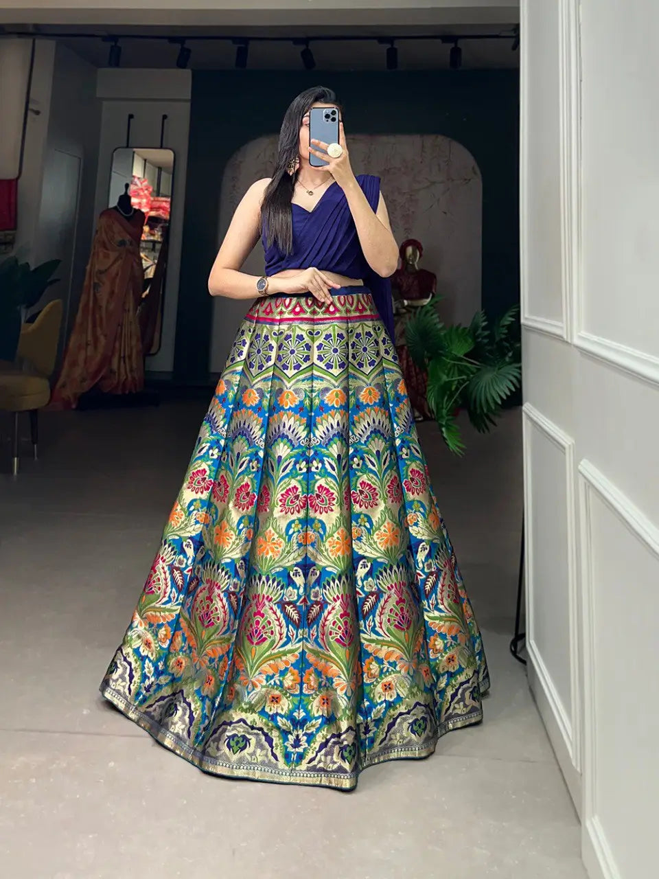 Navy Blue Banarasi Silk Crop top Lehenga Choli