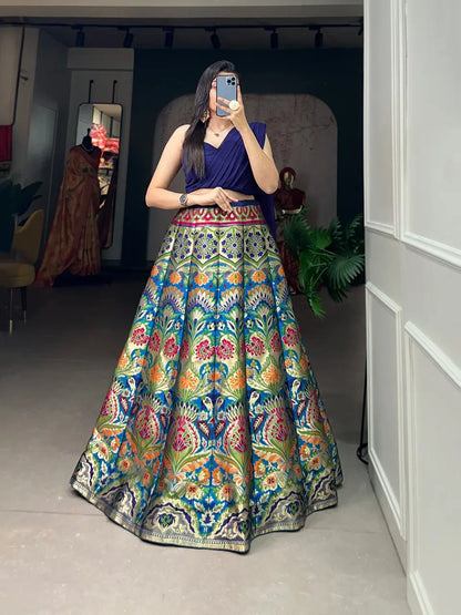 Navy Blue Banarasi Silk Crop top Lehenga Choli