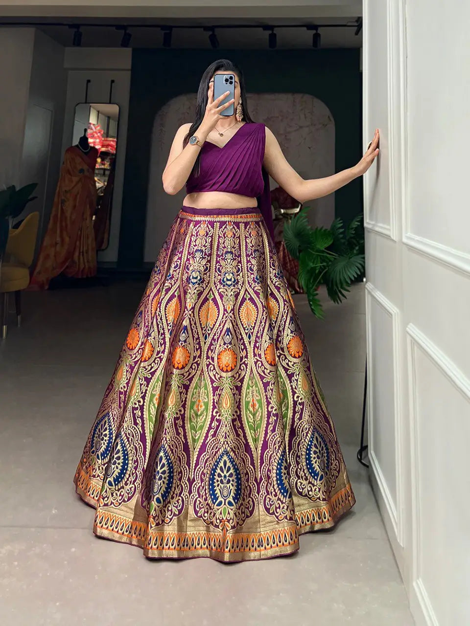 Wine Banarasi Silk Crop top Lehenga Choli