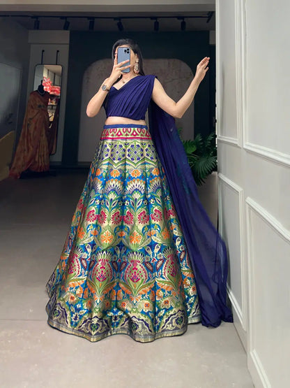 Navy Blue Banarasi Silk Crop top Lehenga Choli