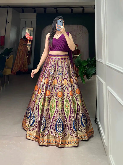 Wine Banarasi Silk Crop top Lehenga Choli