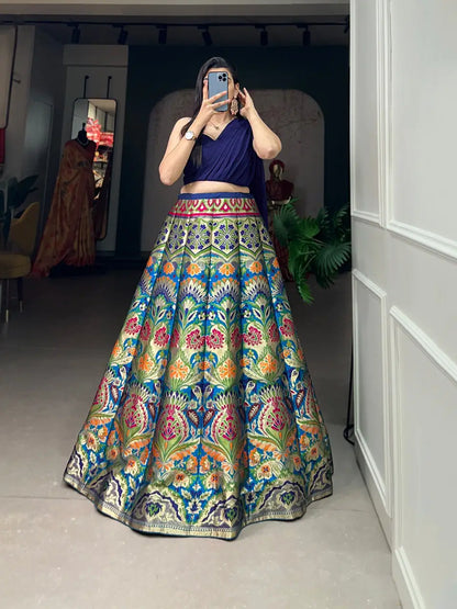 Navy Blue Banarasi Silk Crop top Lehenga Choli