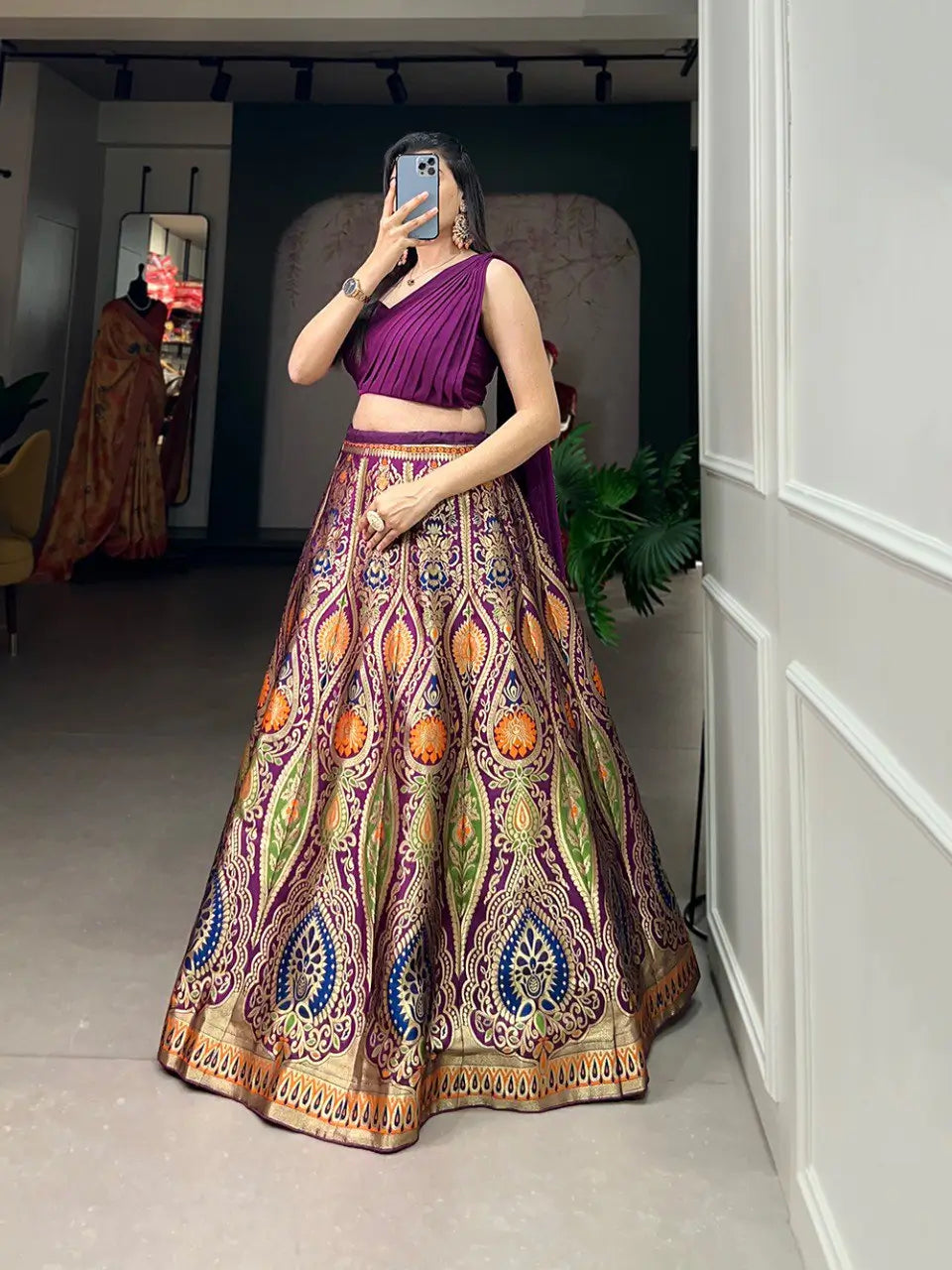 Wine Banarasi Silk Crop top Lehenga Choli