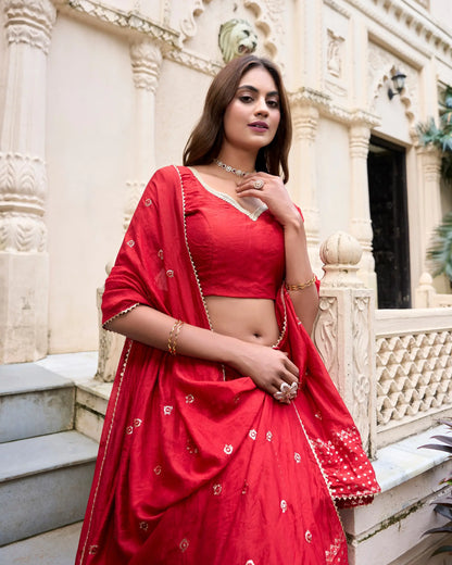 Red Chanderi Silk Lehenga Choli With Zari Weaving Work