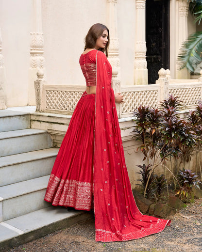 Red Chanderi Silk Lehenga Choli With Zari Weaving Work