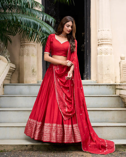 Red Chanderi Silk Lehenga Choli With Zari Weaving Work