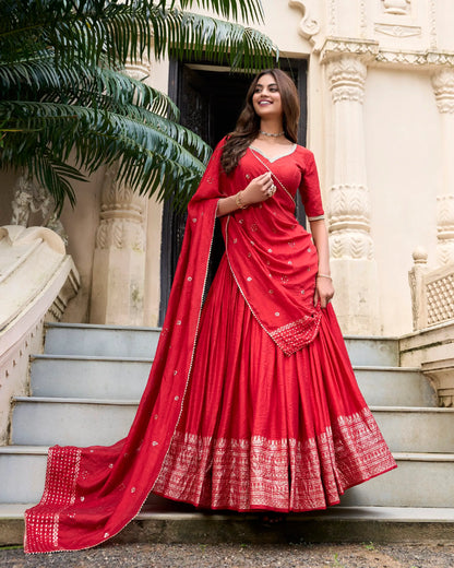 Red Chanderi Silk Lehenga Choli With Zari Weaving Work