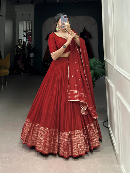 Red Chanderi Silk Lehenga Choli With Zari Weaving Work