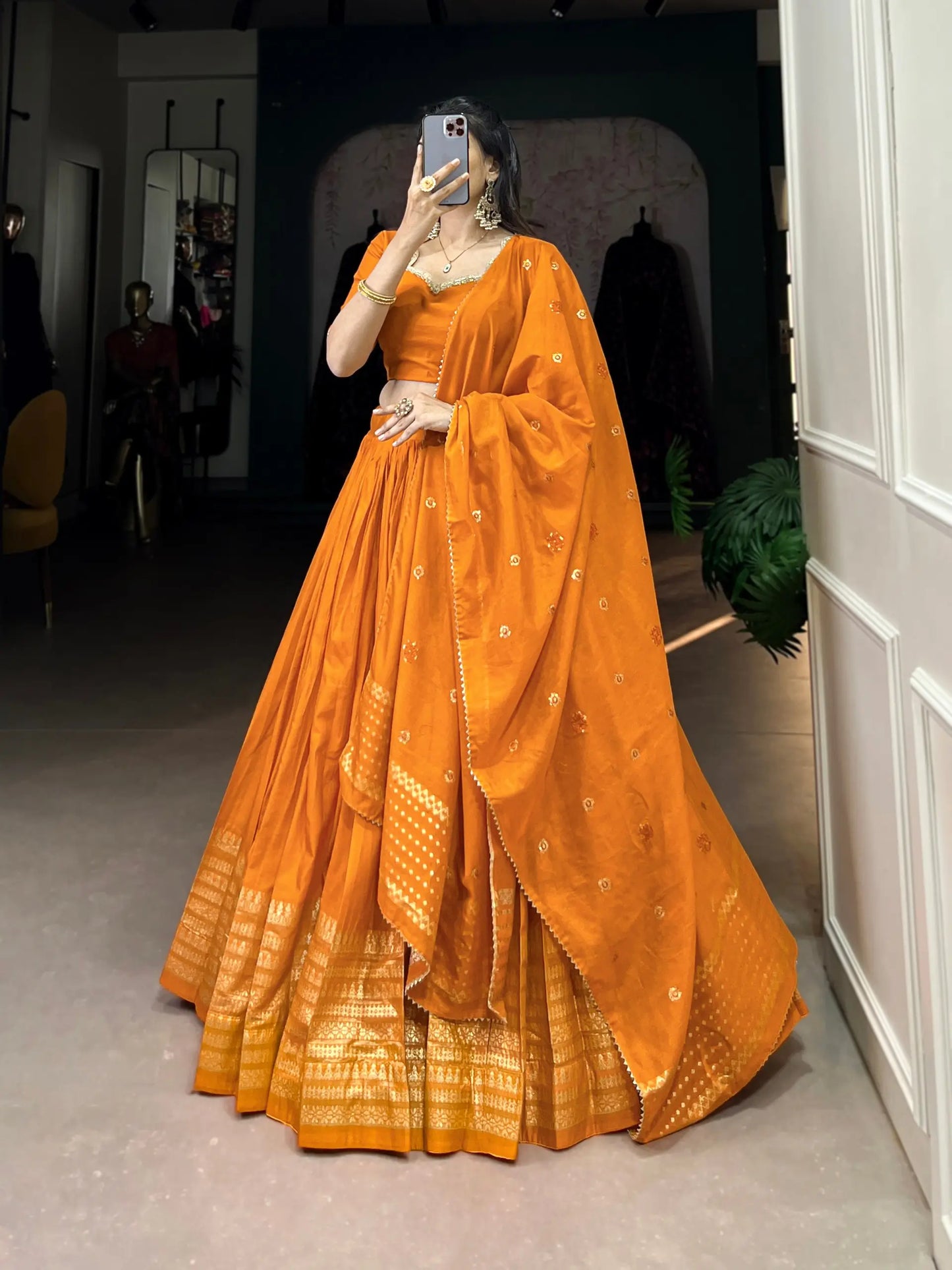 Orange Chanderi Silk Lehenga Choli With Zari Weaving Work