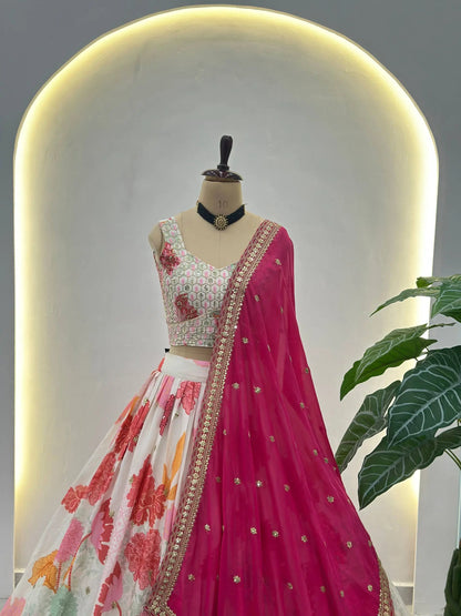 Off White With Pink Floral Print Lehenga With Sequins Embroidery Work And Dupatta