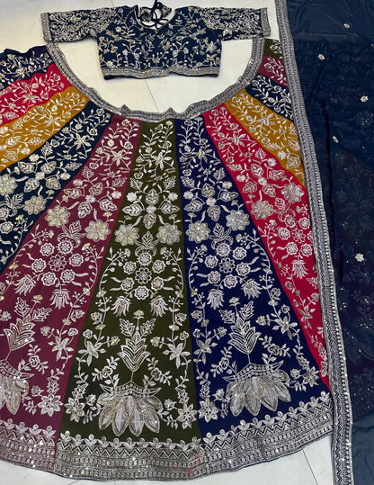 Multi Color Sequins Zari Embroidery Work  Georgette Lehenga With Dupatta
