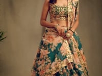 Green Floral Print Organza Lehenga With Sequins Work