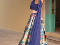 Navy Blue Banarasi Silk Crop top Lehenga Choli