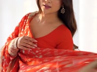 Cornell Red Designer Georgette Gown With Heavy Embroidery Work Dupatta