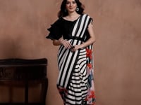 Black And White Floral Digital print Ready To Wear Saree With Hand Work Blouse