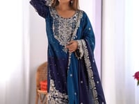 Navy Blue Cording Sequins Work With Rivet Moti Sharara Set With Dupatta