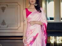 Pink Satin Silk Floral Printed Saree