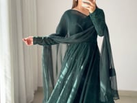 Dark Green Lukhnowi Work Georgette Gown With Ruffle Style Dupatta