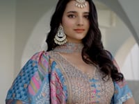 Sky Digital Print Embroidery Work Lehenga With Stylish Blouse With Pearl Work